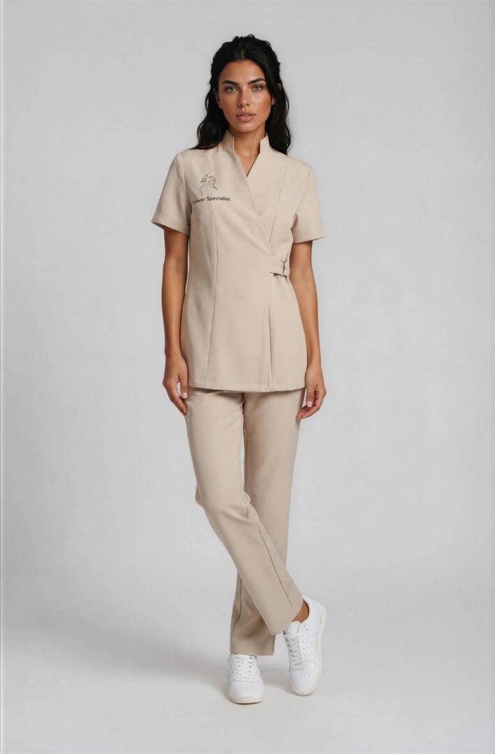 IMG_7072-IMG_7069-women footwear 2_front-Bianca-Studio-2 Luxury esthetician uniform set with embroidered logo, signature buckle tunic and coordinating trousers