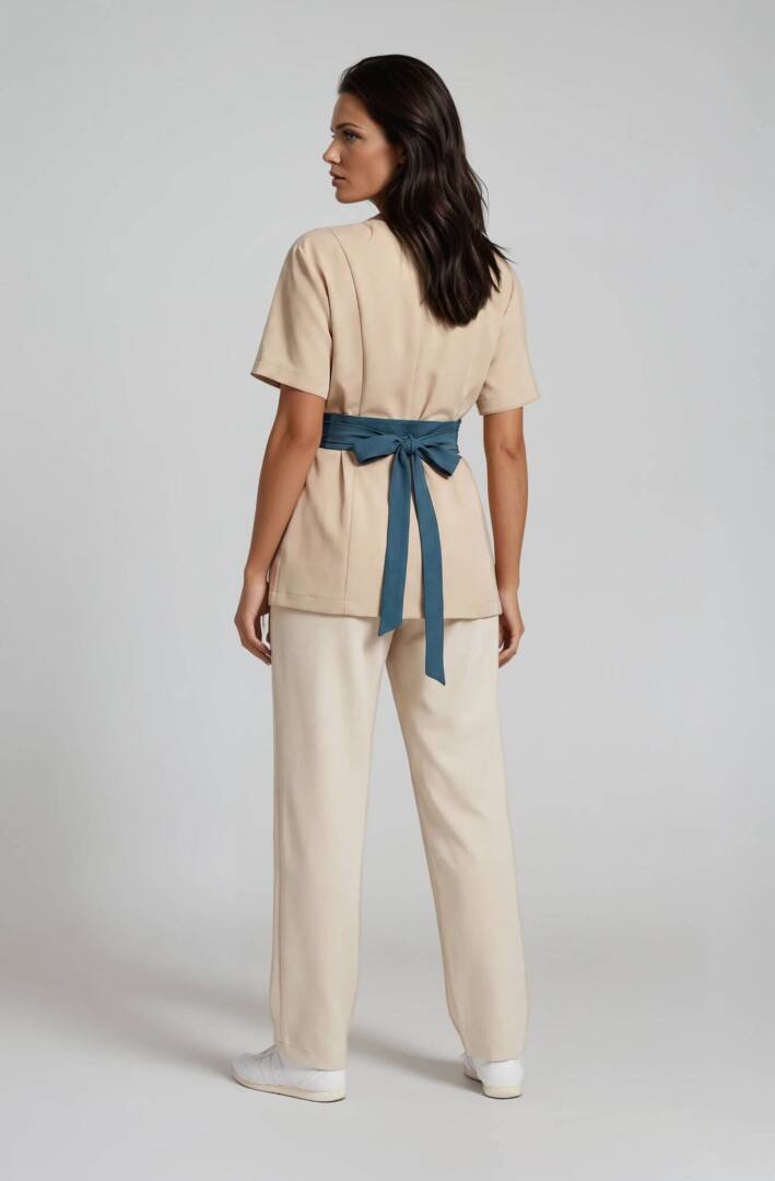 bezhov spa set s kolan Back view of Riviera spa uniform with turquoise satin belt tied at the waist