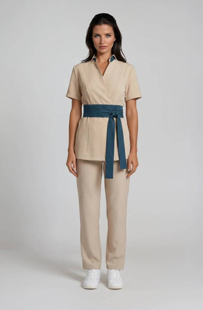 spa set s kolan Sand wrap spa tunic with collar and wide turquoise satin belt by Visible Style