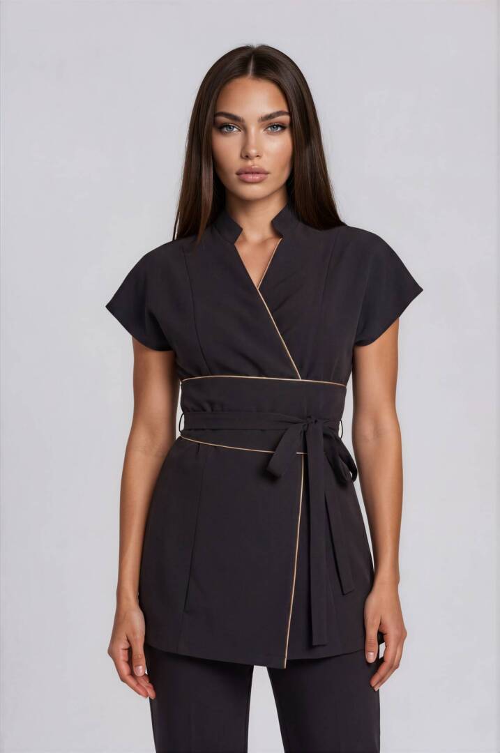 Beauty Salon Tunic Professional esthetician uniform with a shawl collar, contrast trim and straight-leg trousers.