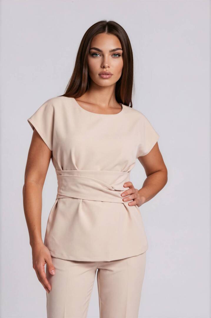 IMG_9217-Anya-Light Studio Close-up of the Sienna Relax Wrap Belt tunic showing the wide crossover waist belt, relaxed dropped sleeves and elegant tailoring.