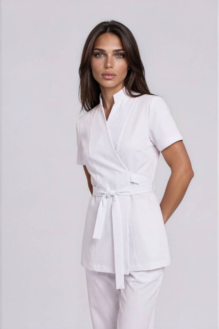 IMG_9309-Emmi-Light Studio-3 Front view of the Riviera White Wrap Tunic featuring an elegant wrap front and stand collar.