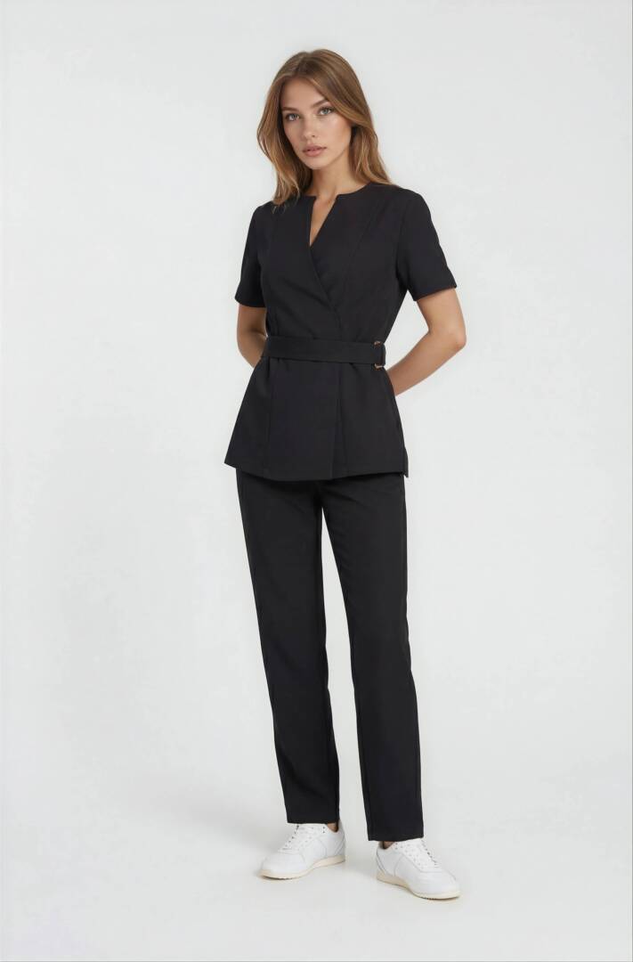 IMG_5891-IMG_5893-women footwear 2_front-Sophia-Light Studio Elegant black esthetician uniform with straight-leg trousers.