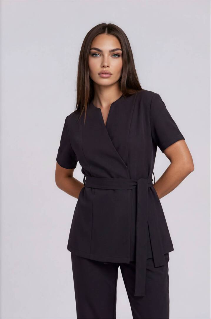 IMG_5894-Anya-Light Studio-2 Elegant black esthetician tunic with V-neckline.