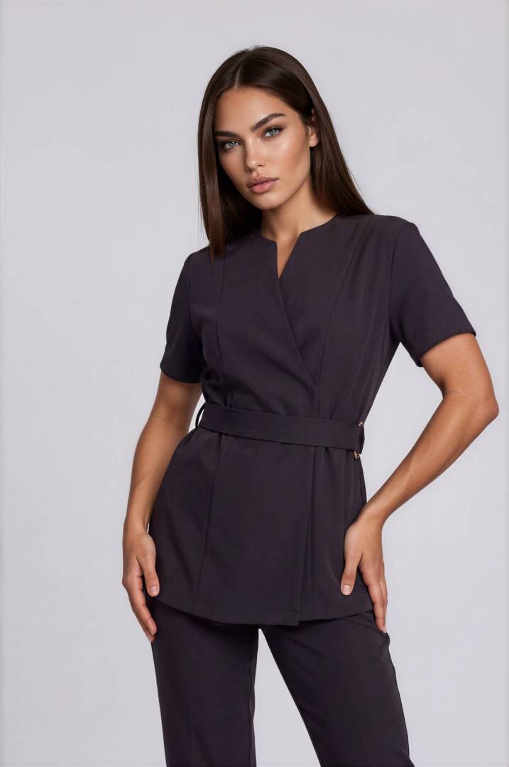 black spa tunic Black luxury wrap spa tunic with gold buckle belt.