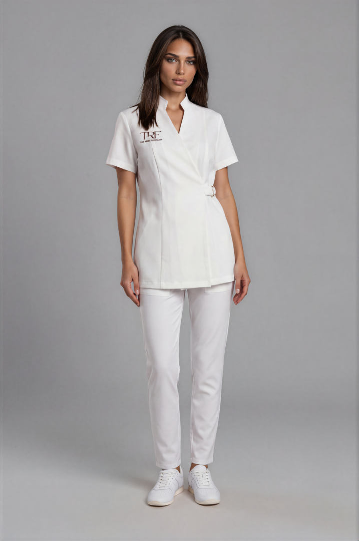 IMG_6413-Emmi-Medium Gray-4 Natural White Monaco wrap tunic with custom embroidery and signature gold ring closure