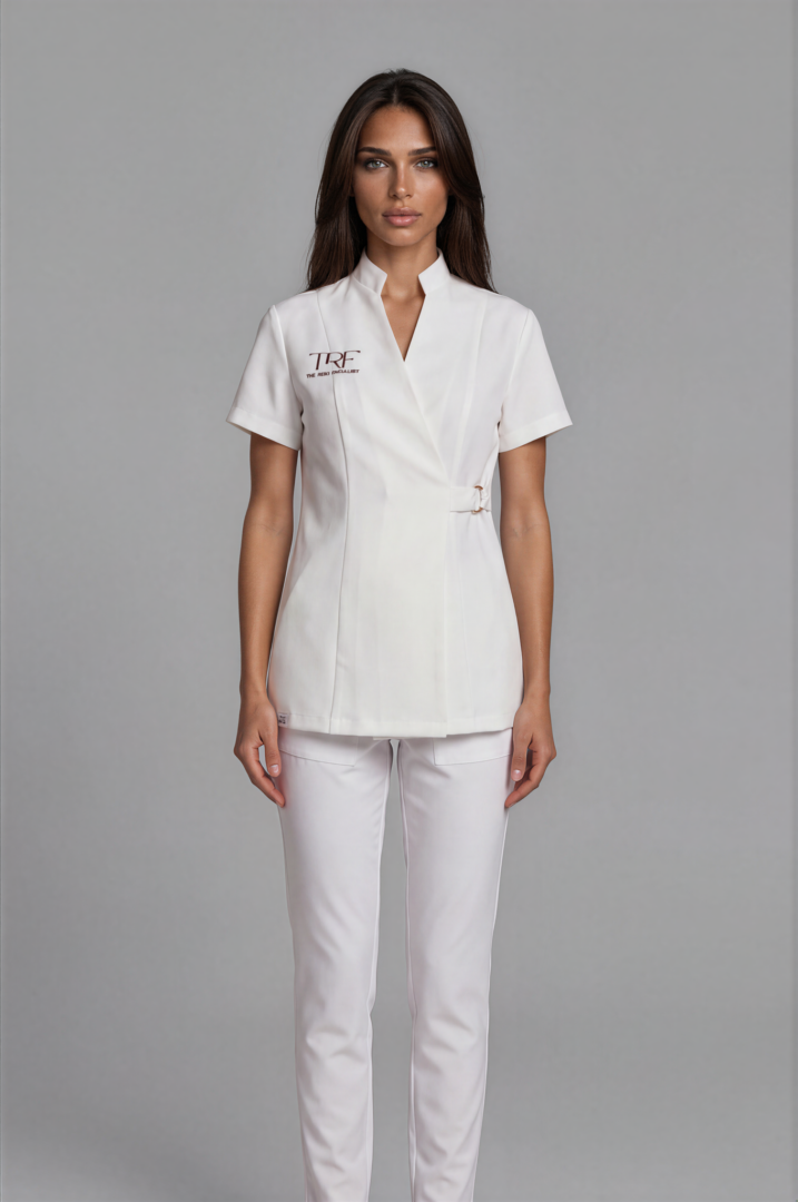 IMG_6413-Emmi-Medium Gray Monaco Natural White embroidered esthetician uniform with gold ring wrap closure