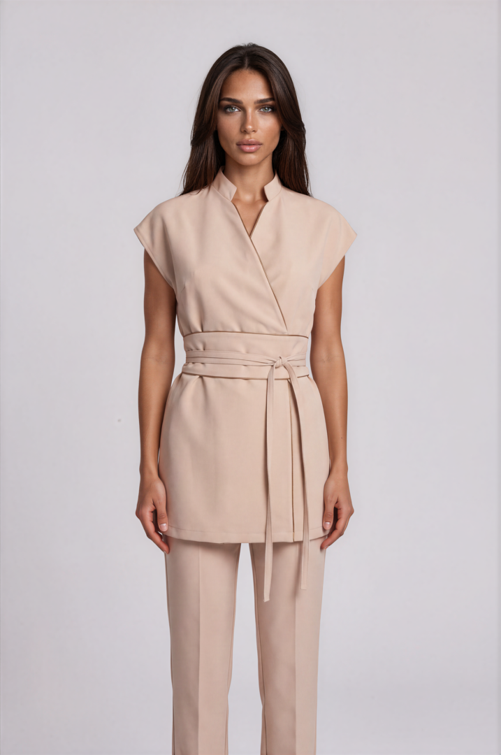 IMG_7819-Emmi-Light Studio-2 Aura Signature Sand Mocha spa tunic with Dark Beige piping and wide belt