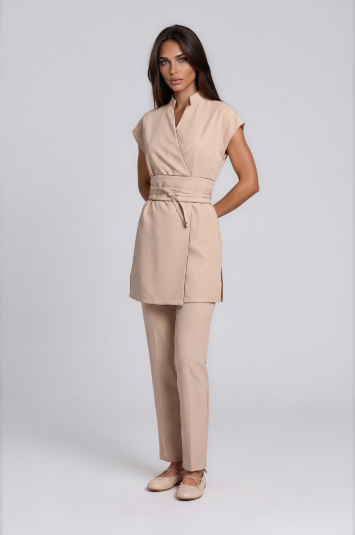 IMG_7819-Emmi-Light Studio-3 Sand Mocha wrap tunic with Dark Beige piping along collar and front edge