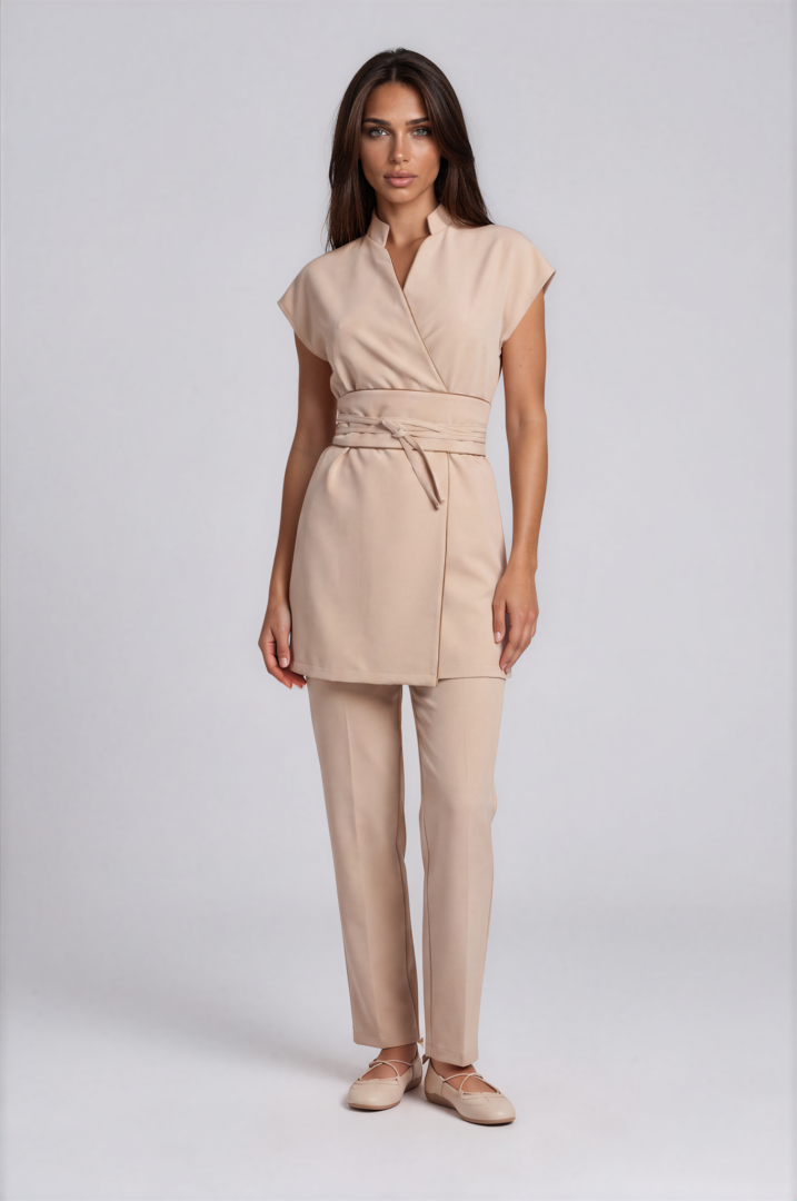 IMG_7819-Emmi-Light Studio Luxury esthetician tunic with wide contrast-edged belt in Sand Mocha and Dark Beige