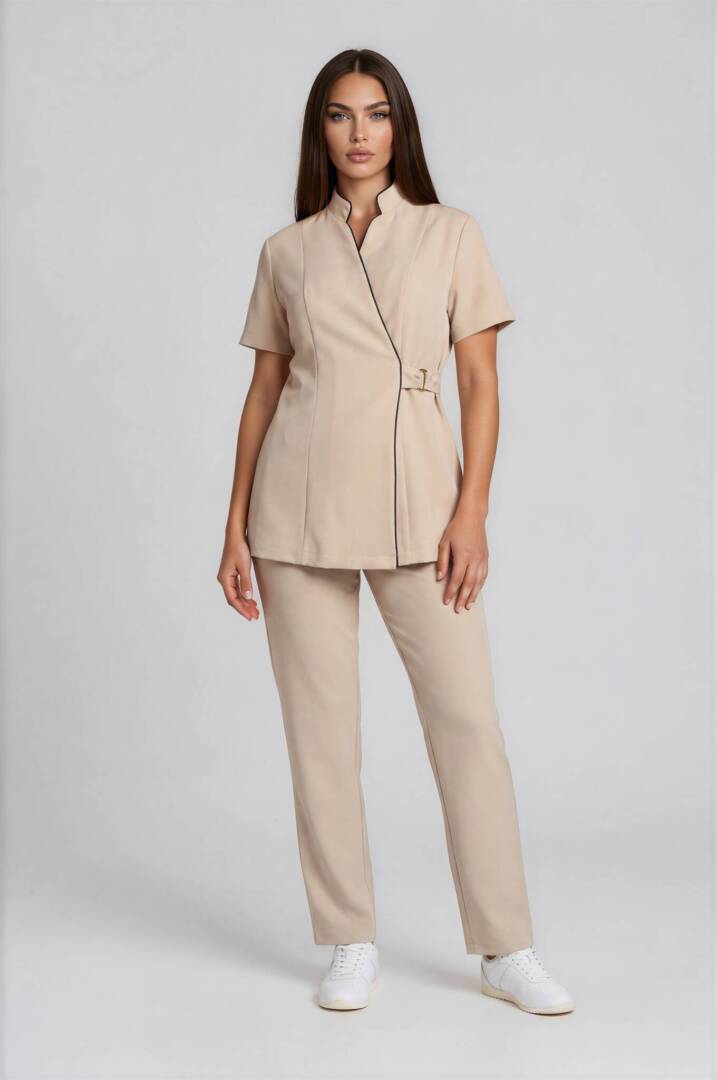 IMG_8946-Anya-Light Studio-2 Beige luxury spa uniform with navy piping and signature gold ring closure.