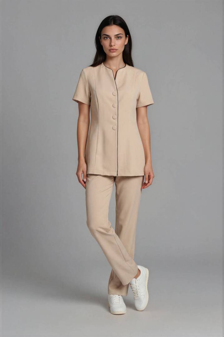 IMG_8992-Carolyn-Medium Gray-2 Beige luxury spa uniform set with navy piping and fabric-covered buttons.