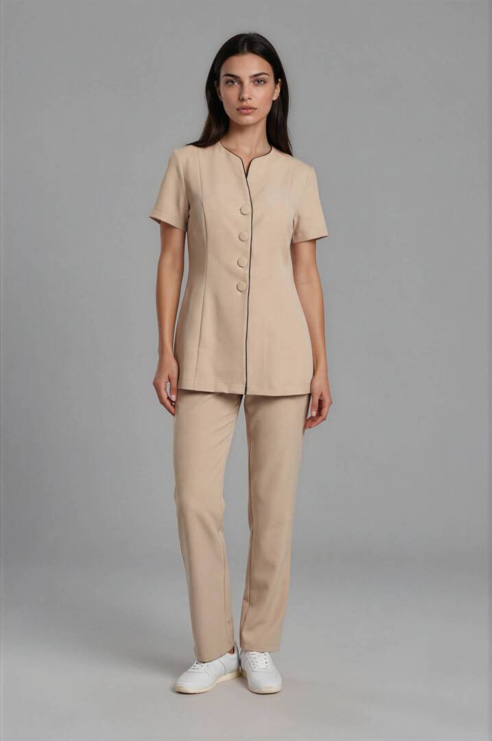 IMG_8992-Carolyn-Medium Gray-3 Front view of Sienna beige esthetician uniform with straight-leg pants.