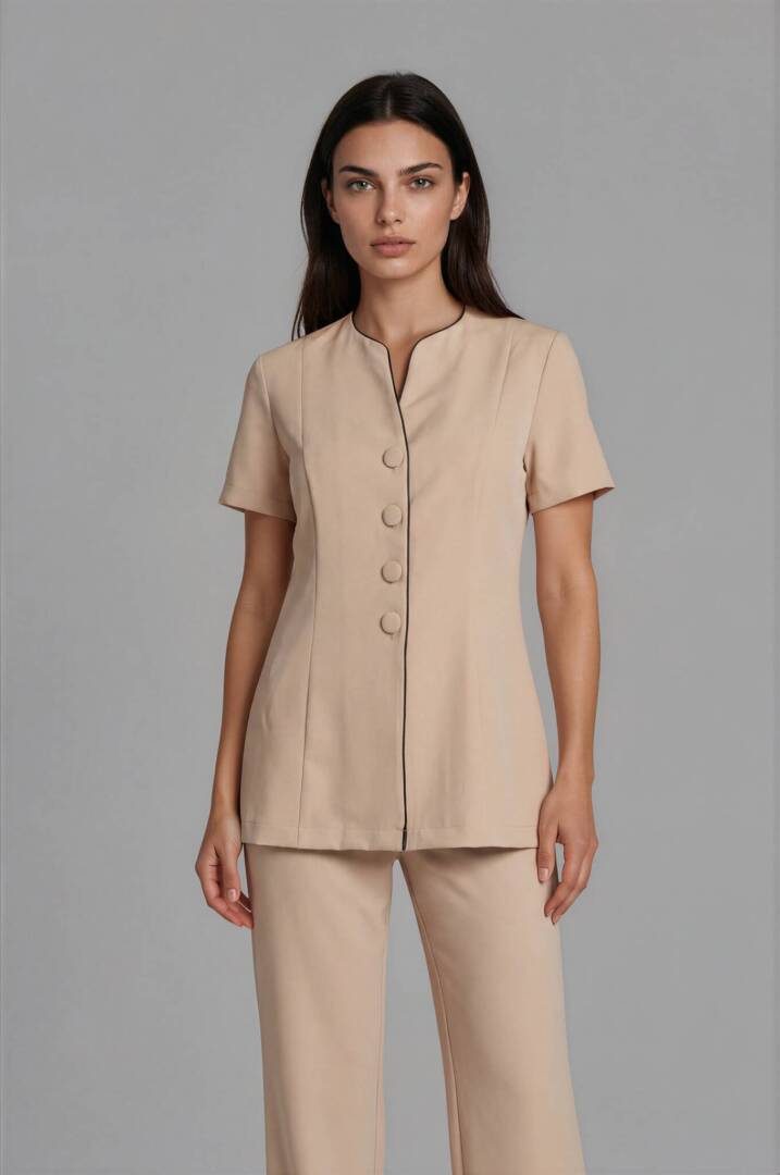 IMG_8992-Carolyn-Medium Gray Elegant beige beauty salon uniform with minimalist collarless tunic.