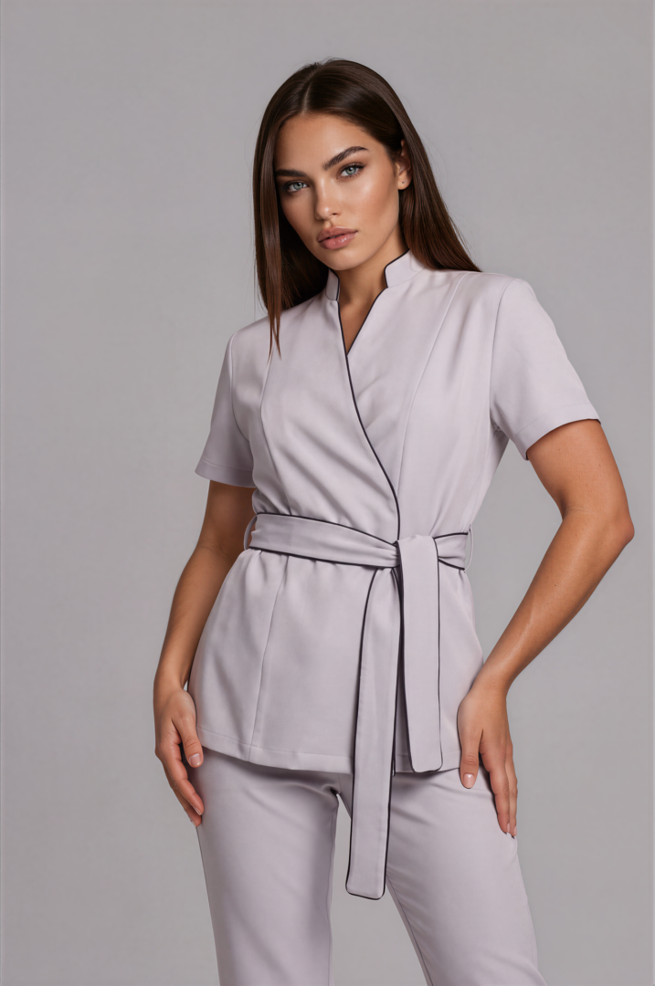 IMG_9435-Anya-Medium Gray-2 Grey wrap spa tunic with black piping and long contrast-edged belt
