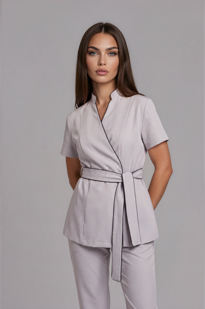 IMG_9435-Anya-Medium Gray-3 Luxury grey esthetician uniform with black trim for aesthetic clinic professionals