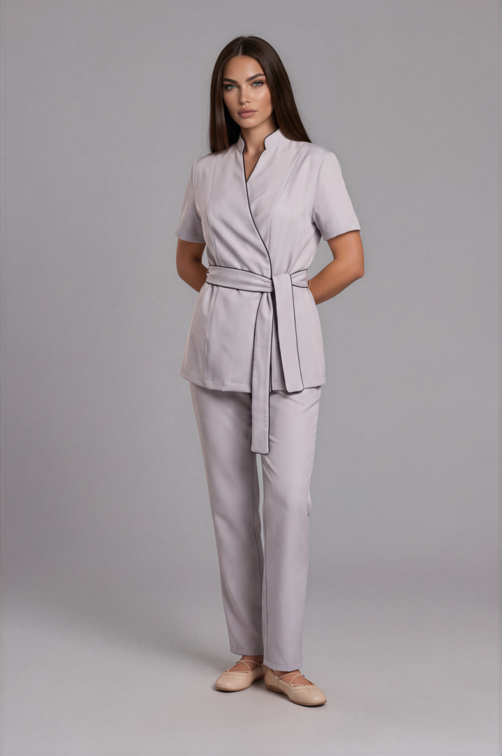 IMG_9435-Anya-Medium Gray-4 Aura Signature belted tunic in grey with elegant black piping detail