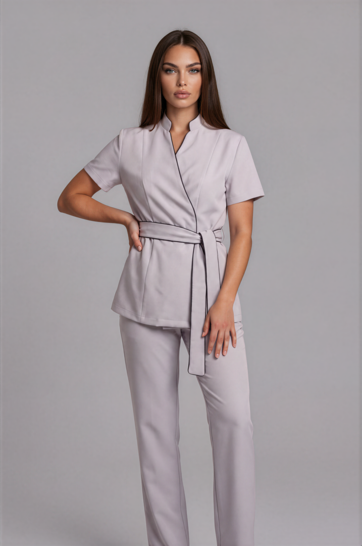 IMG_9435-Anya-Medium Gray-4 Luxury spa therapist uniform in grey with black contrast detailing
