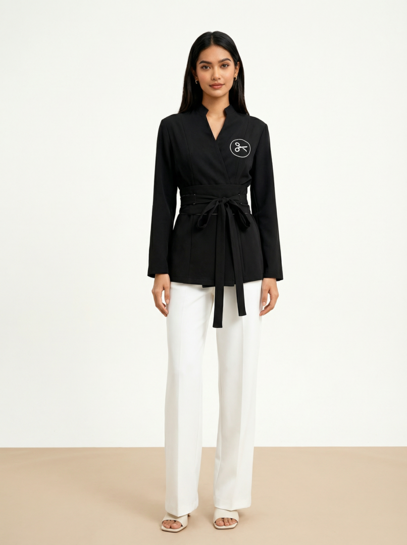 spa set black and white Back view of Aura Signature long sleeve spa uniform with wide wrap-around waist belt and straight-leg trousers