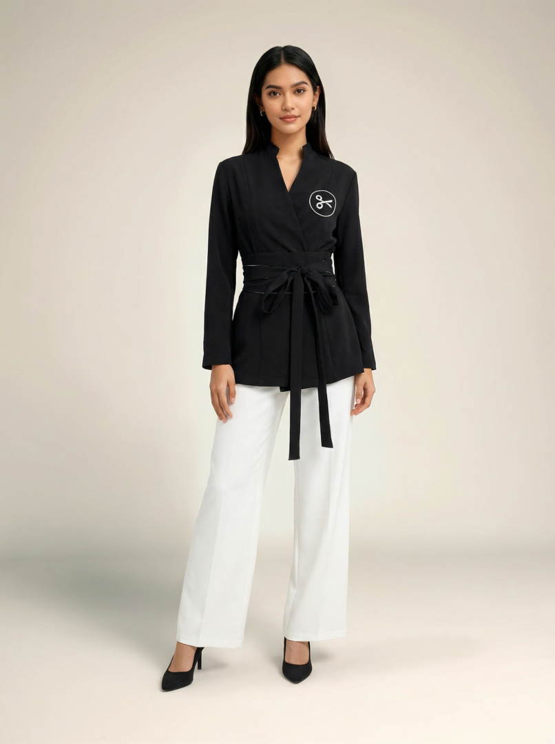 spa set long Aura Signature long sleeve spa uniform with wrap tunic, wide waist belt and straight-leg trousers
