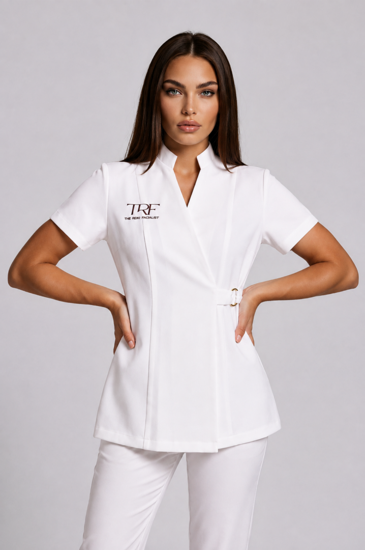 white tunic with embroidery Natural White Monaco embroidered spa tunic with wrap front and signature gold ring closure