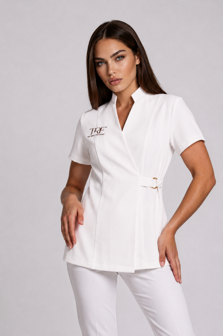 white tunic Monaco Natural White esthetician tunic with collar, short sleeves and gold ring closure