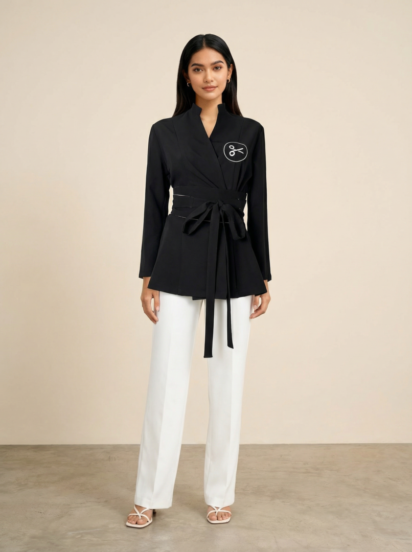 zadacha-75020028-1-1 Long sleeve Aura wrap spa tunic with collar, wide front-tie belt and custom embroidery