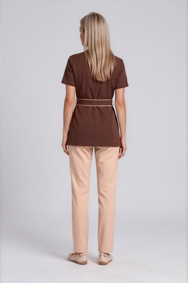 mocha brown and beige-4 Riviera Signature Mocha Brown and Beige luxury spa uniform with straight-leg beige trousers – back view