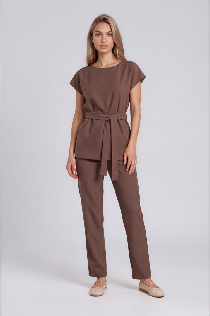 mocha brown set with belt-Drew-Light Studio-2 Front view of Mocha Brown luxury esthetician uniform with round neckline, dropped sleeves and adjustable waist tie.