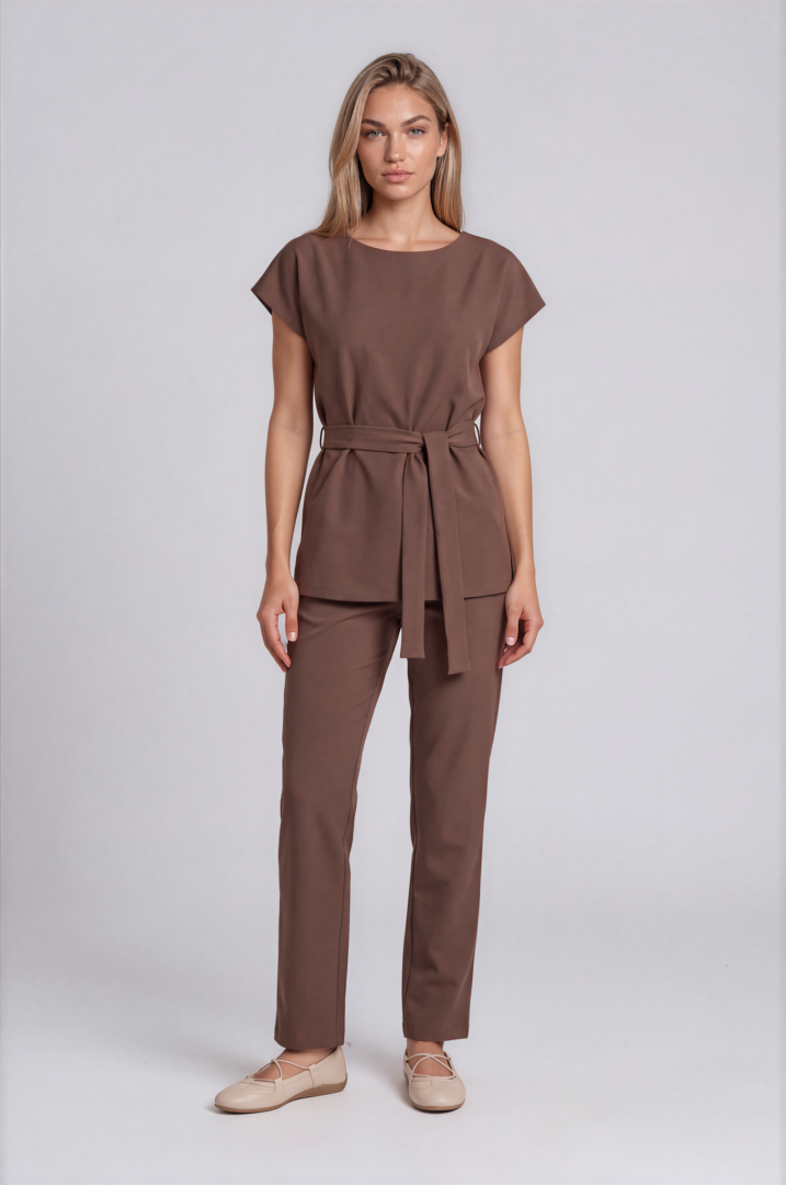 mocha brown set with belt-Drew-Light Studio-3 Sienna Relax Set in Mocha Brown with relaxed belted spa tunic and matching straight-leg trousers.