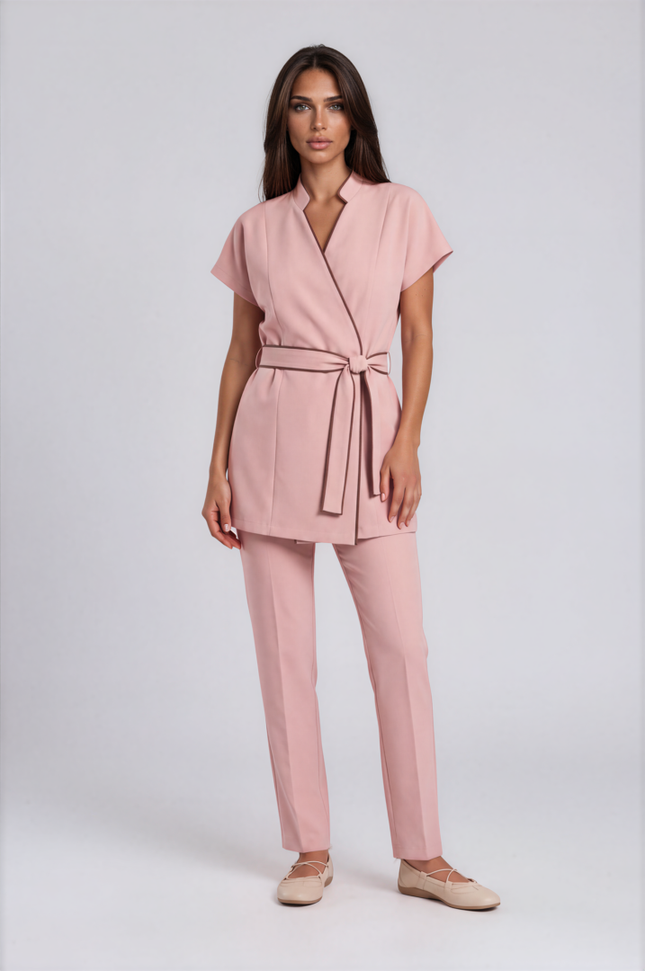powder blush set-Emmi-Light Studio-3 Brown contrast piping detail on Powder Blush luxury spa uniform