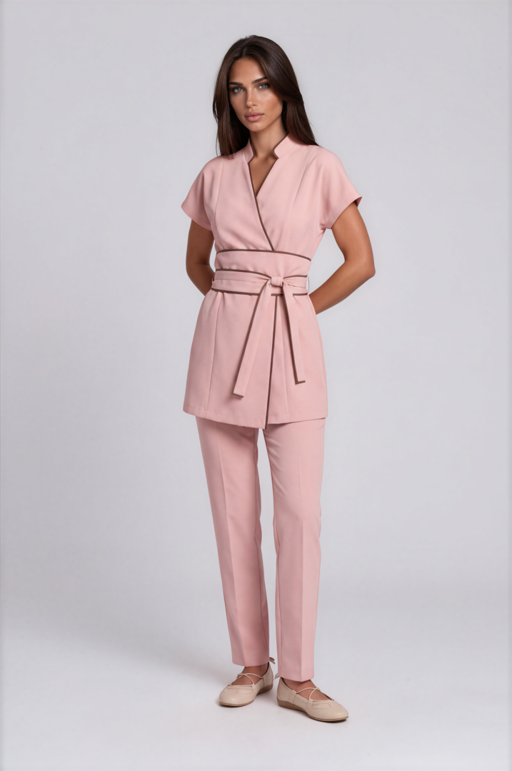 powder blush set-Emmi-Light Studio-4 Aura Signature Wrap Set in Powder Blush with Brown piping and straight-leg trousers