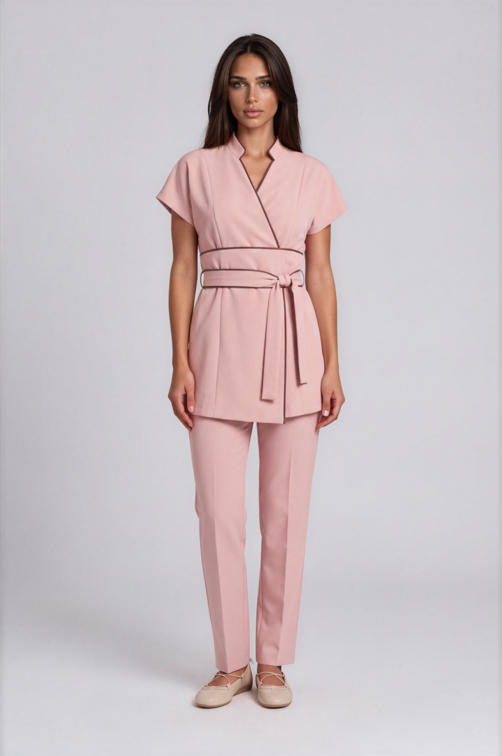 powder blush set-Emmi-Light Studio Powder Blush Aura wrap tunic with Brown contrast piping and wide waist belt