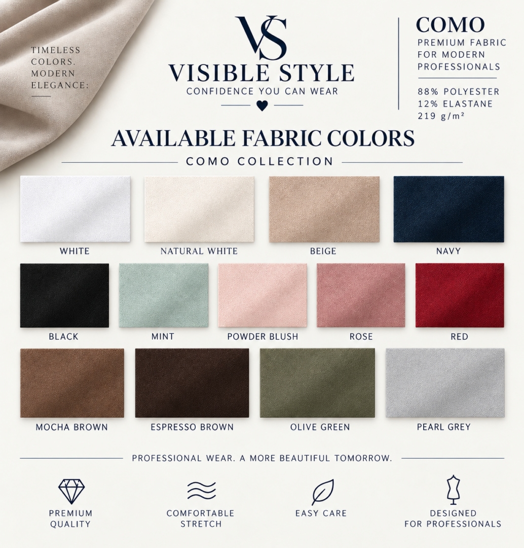 Como NEW VISIBLE STYLE Visible Style COMO premium stretch fabric color chart featuring Espresso Brown and other luxury spa uniform colors.