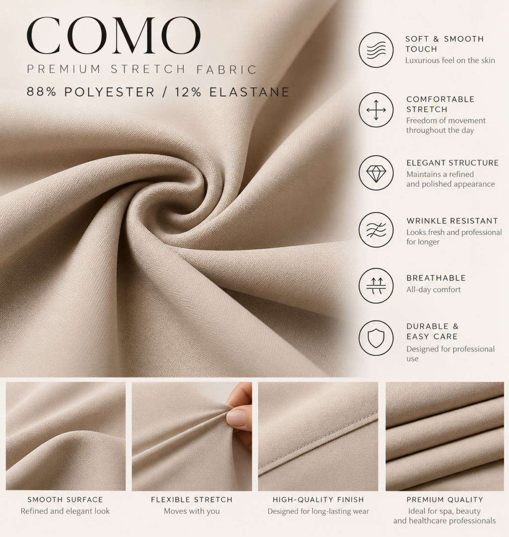 Premium fabric COMO COMO premium stretch fabric with a smooth draped surface, made from 88 percent polyester and 12 percent elastane.