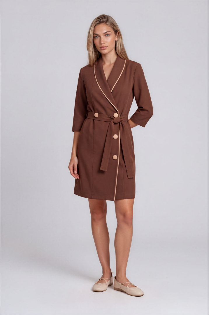 dermatologist mocha brown dress Mocha Brown Sorrento professional dress with fine Beige piping around the wrap collar