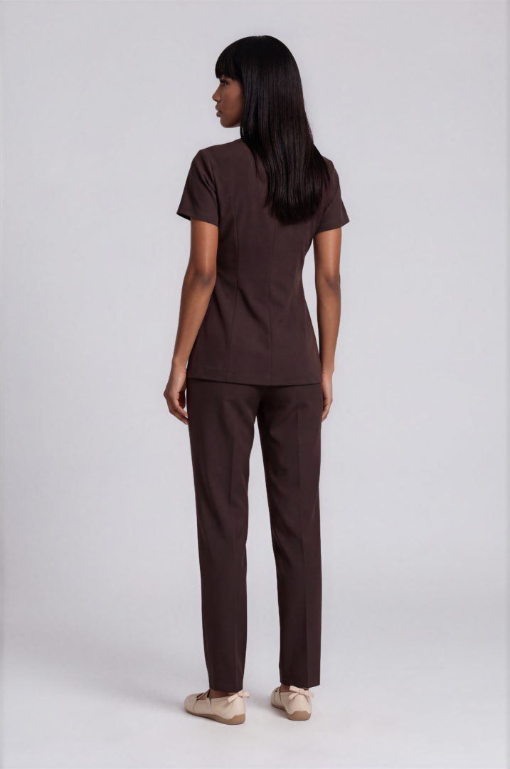 espresso brown set back Back view of Monaco Espresso Brown professional spa uniform with tailored tunic and tapered-leg trousers.