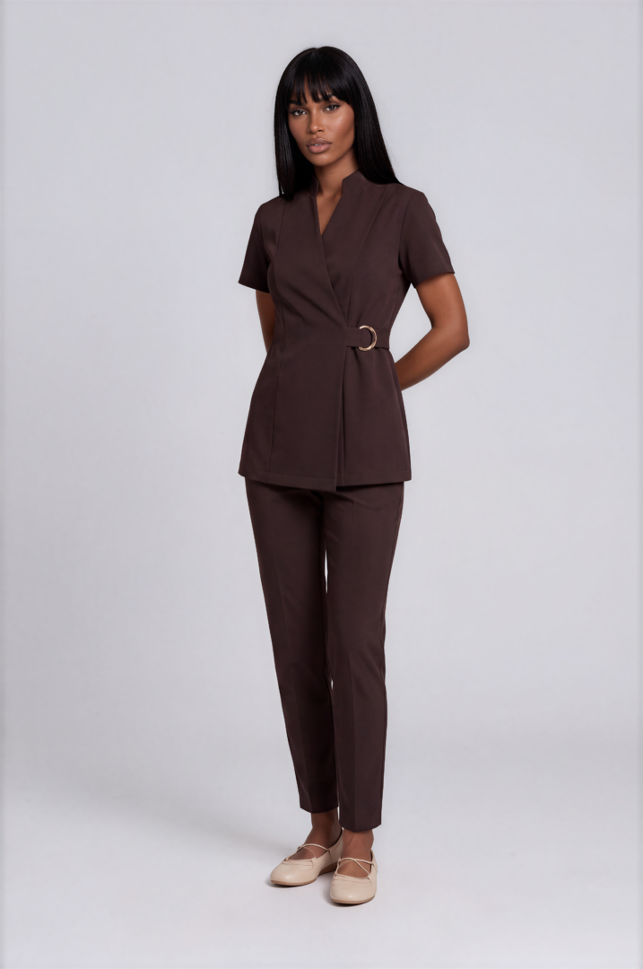 espresso ring set Espresso Brown Monaco spa tunic with refined collar, overlapping wrap front and signature gold-tone ring fastening.