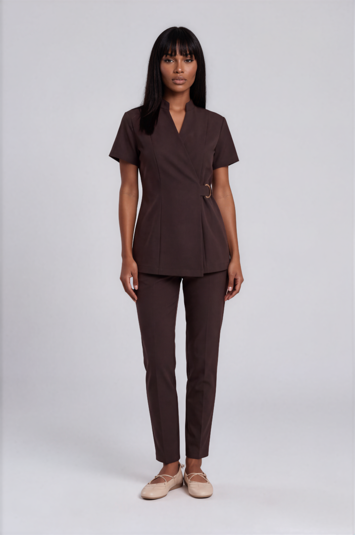 espresso set Monaco Espresso Brown luxury spa uniform set with fitted wrap tunic, gold ring closure and matching tapered trousers.