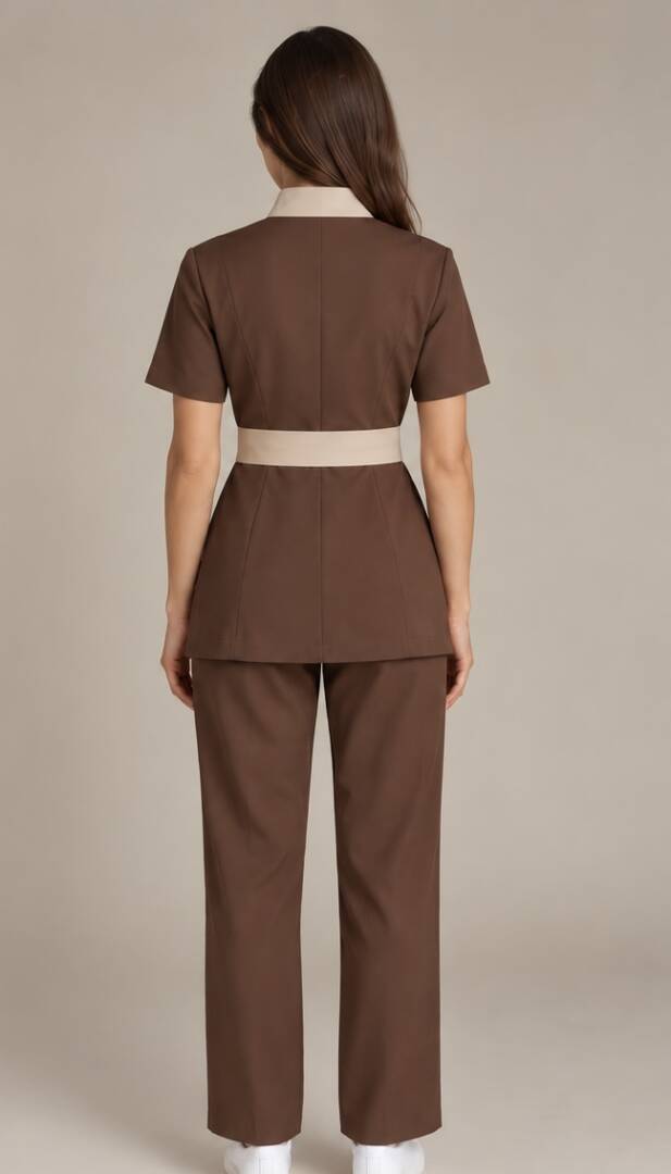 mocha brown and beige set back Sorrento Signature Mocha Brown and Beige spa uniform with full waist belt and wide-leg trousers – back view