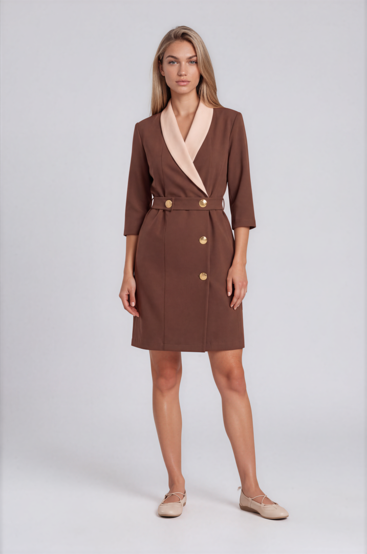 mocha brown dress and beige Sorrento Signature Mocha Brown spa and dermatology uniform dress with Beige collar and gold button details – front view