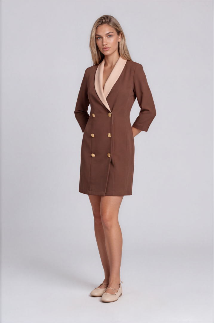 mocha brown dress for spa Mocha Brown professional clinic dress with contrasting Beige wrap-style collar