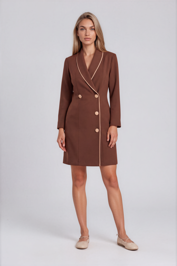 mocha brown dress Sorrento Signature Mocha Brown spa and dermatology dress with Beige piping and gold buttons – front view