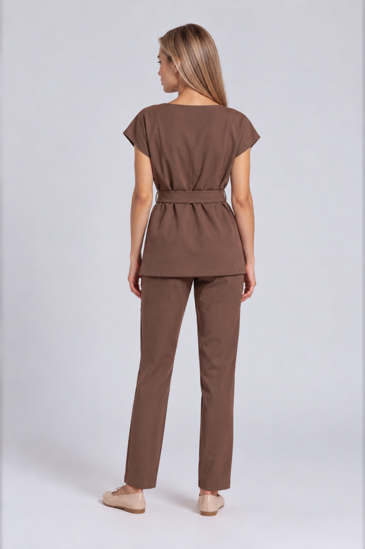 mocha brown set Back view of Sienna Relax Set in Mocha Brown with minimalist tunic, waist belt and straight-leg trousers.