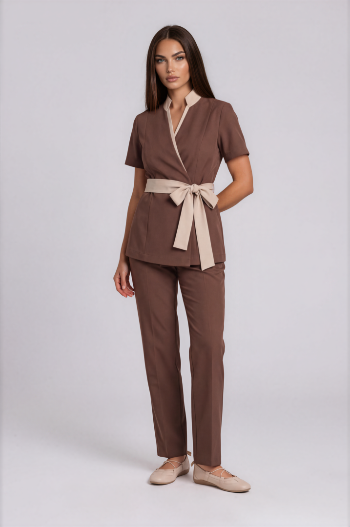 set mocha brown and beige 2 Mocha Brown straight wide-leg spa trousers with comfortable professional fit