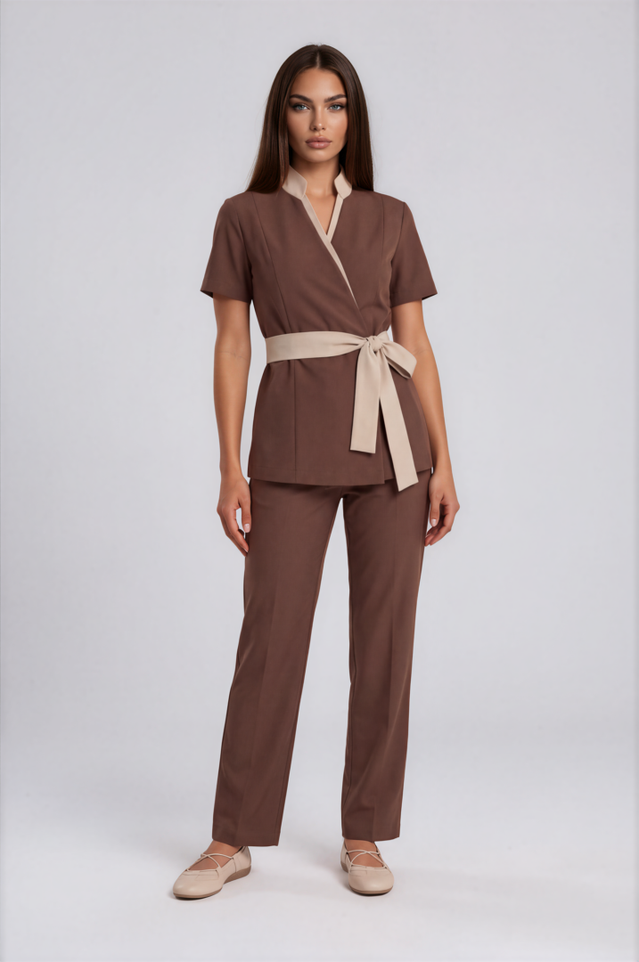 set mocha brown and beige Sorrento Signature Mocha Brown spa uniform with Beige collar, wide wrap belt and wide-leg trousers – front view